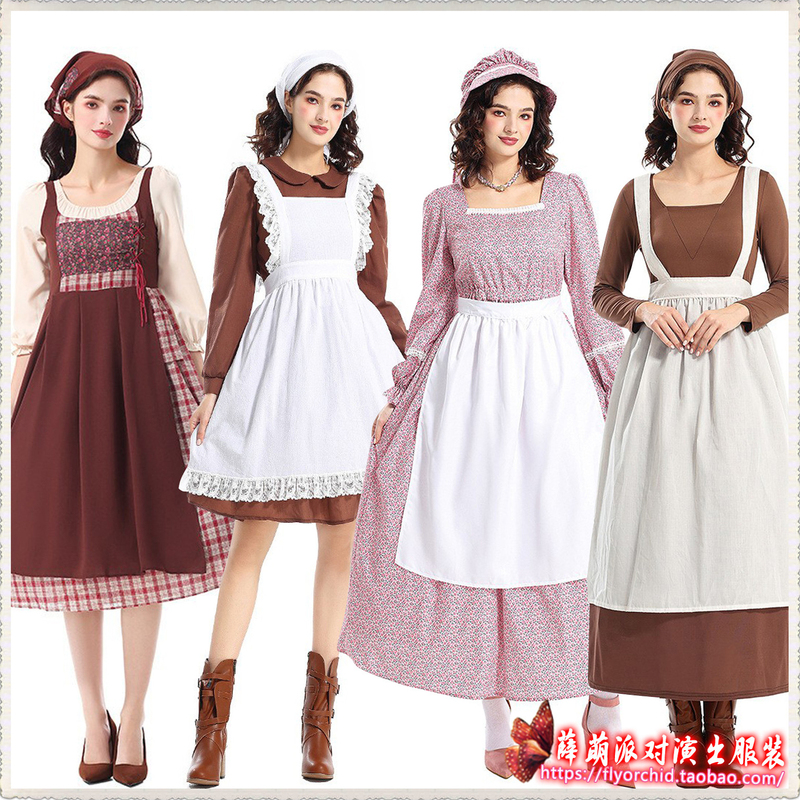 Halloween Plaid Floral Pastoral Style Adult Maid Dress Medieval Role-Playing Cosplay Costume