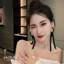 Sexy black ribbon beaded ring cold wind long earrings European and American Net red exaggerated high-grade atmospheric earrings