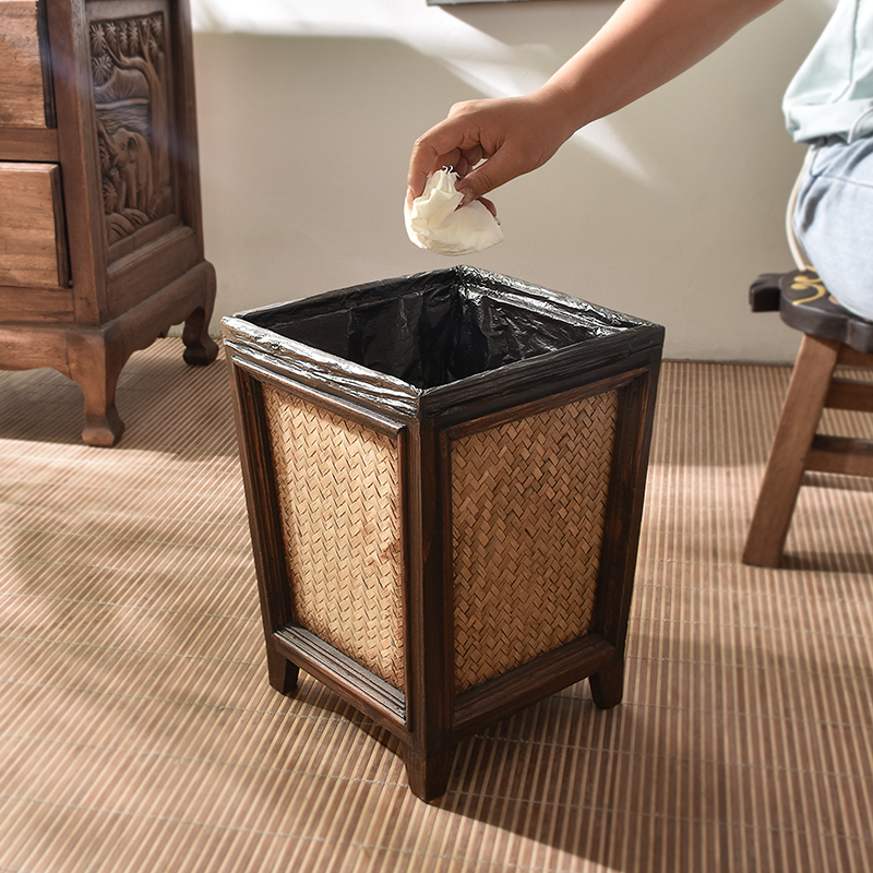 New Chinese-Style Trash Can with Lid for Living Room, Home Kitchen, Bathroom, Creative Bamboo Woven Solid Wood Toilet Paper Basket with Lid New Chinese-Style Trash Can with Lid for Living Room, Home Kitchen, Bathroom, Creative Bamboo Woven Solid Wood Toilet Paper Basket with Lid