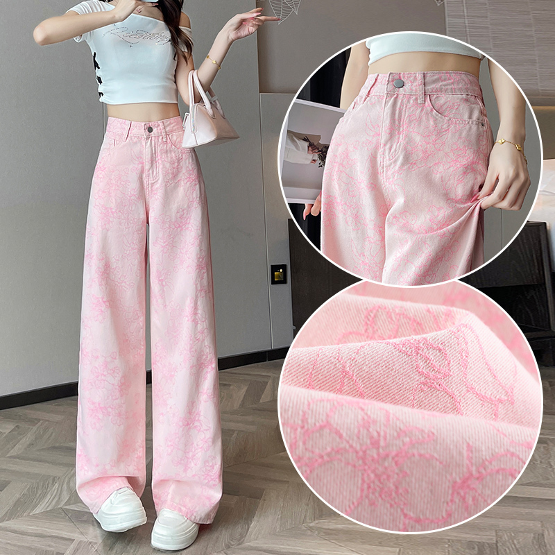 Dopamine Pink Jacquard Wide-Leg Jeans for Women, New Summer Design, Loose and Trendy Tencel Floor-Length Pants