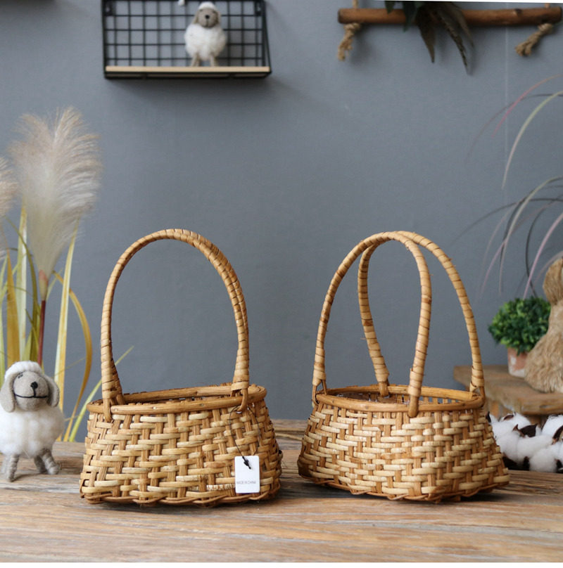 Mini Retro Portable Flower Basket Rattan Flower Arrangement Basket Gift Basket Home Decoration Ornament Shooting Ornament