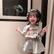 Girl Net Red Suit Foreign Air Summer Clothing Pure Cotton Female Baby Summer Suit Two Sets Clothes Short Sleeve T-shirt Shorts