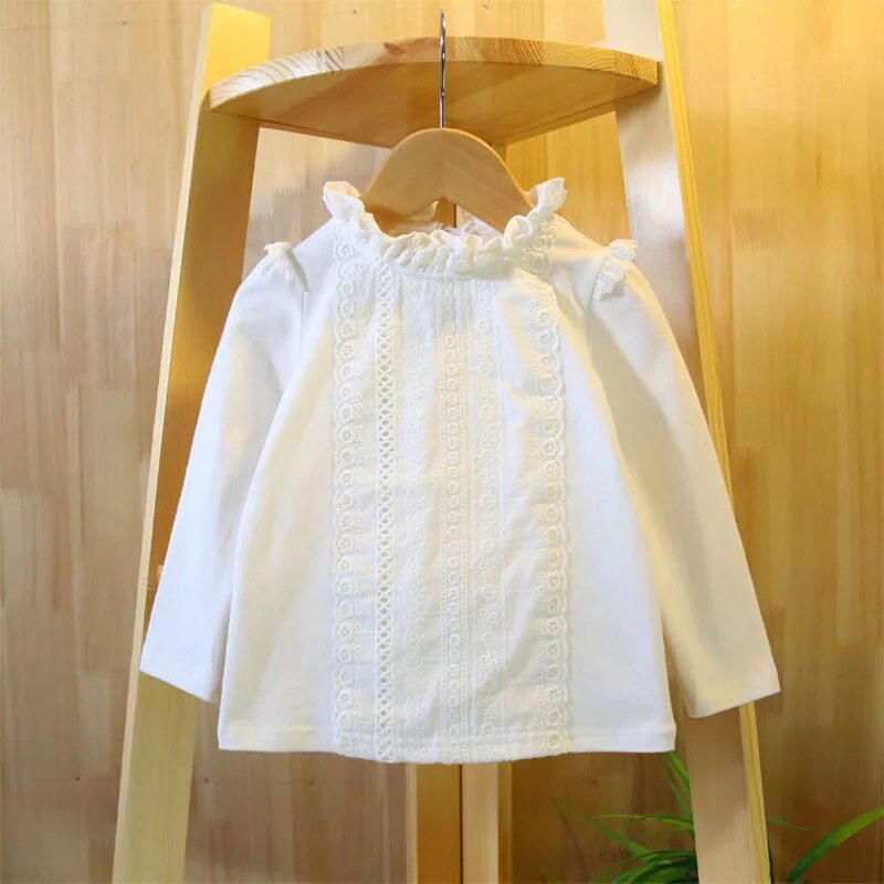 Female Baby Shirt Spring Autumn Girl Beating Undershirt Pure Cotton Long Sleeve Small Stand Lace Lace Lace Lace White Shirt Child Blouse