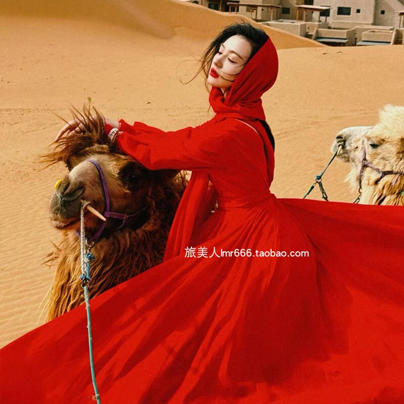 Egyptian Dunhuang Super Fairy Holiday Dress Red Long Trailing Desert Dress Elegant Photo Shoot Chiffon Beach Dress for Women Egyptian Dunhuang Super Fairy Holiday Dress Red Long Trailing Desert Dress Elegant Photo Shoot Chiffon Beach Dress for Women