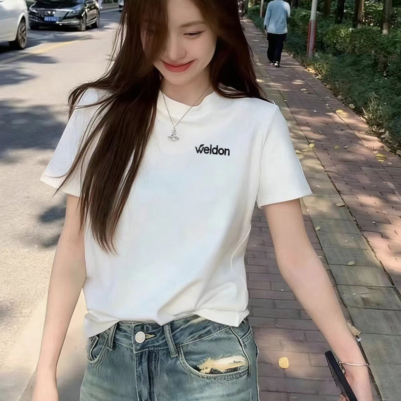 European Style Spring and Summer Bee Logo Embroidery Simple Versatile Pure Cotton Round Neck Loose Short-Sleeve Regular Shoulder T-Shirt for Women 2026 New Model