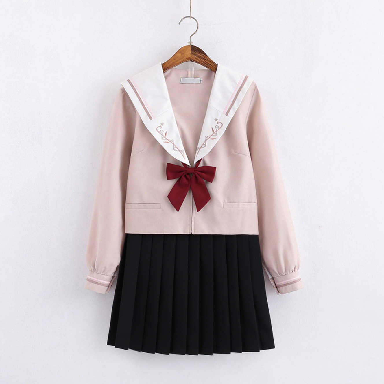 女装 清楚系刺繍入り襟リボン付きセーラー服上下セット