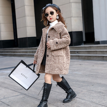 Girls lamb coat long childrens autumn and winter thickened foreign suede fur one imitation fur coat