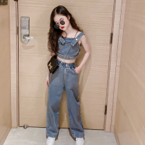 Childrens fried street suit 2022 spring and summer new CUHK Scout vest denim jeans net red trendy two sets of damp