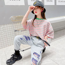 Girl Loose Striped T-shirt 2022 Summer New CUHK Child Cover Head Half Sleeve Blouse Boy Letters Short Sleeve Tide