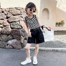 Childrens chessboard Gvest suit Xia Girl Fried Street Plaid Vest Breaking Hole Denim Shorts Tide Boy two sets