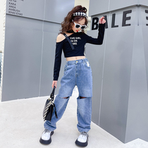 Childrens clothing Shoulder Suit Foreign Gas 2022 New CUHK Scout Letters Short blouses Hole Jeans Two Sets Tide