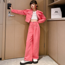 Girls spring suit 2023 new middle and big childrens fashion small fragrance pure color casual fried street wide-leg pants two-piece set