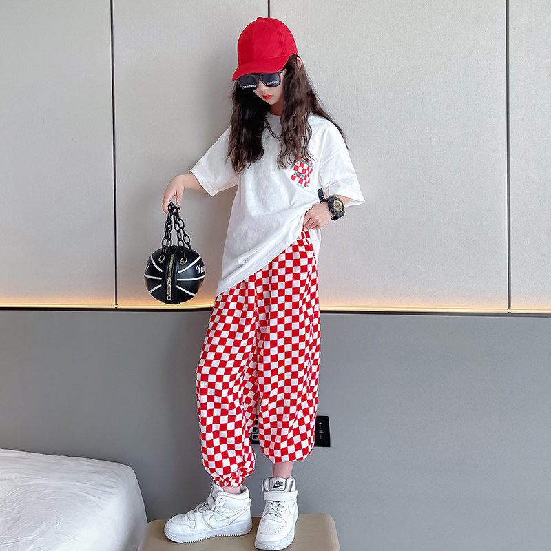 Children's Clothing Chessboard Lattice Suit Foreign Pie 2022 New Internet Red Children Short Sleeve Mosquito-Proof Pants Girl Thin two sets of damp