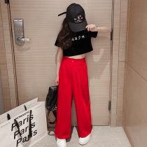 Girl Trendy Suit 2022 New Net Red Summer Broadlegged Pants CUHK Child Leak Navel Alphabet Short Sleeve Two Sets Tide