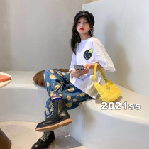 Girls short sleeve T-shirt 2021 new summer childrens net red smiley face Korean top big girl loose top t