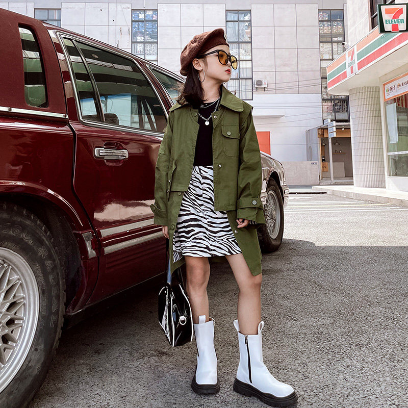 Girls middle - long windshirt 2023 spring dress new belt coat children in the British style vest tide suit