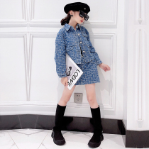 GIRL SUIT DRESS 2022 SPRING NEW CHILD FOREIGN AIR SMALL SCENT WIND DENIM SHORT COAT HALF BODY DRESS TWO SETS TIDE
