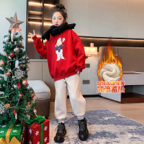 Childrens fleece New Years sweater winter 2022 foreign style girls cartoon rabbit year red hooded all-match warm top trendy