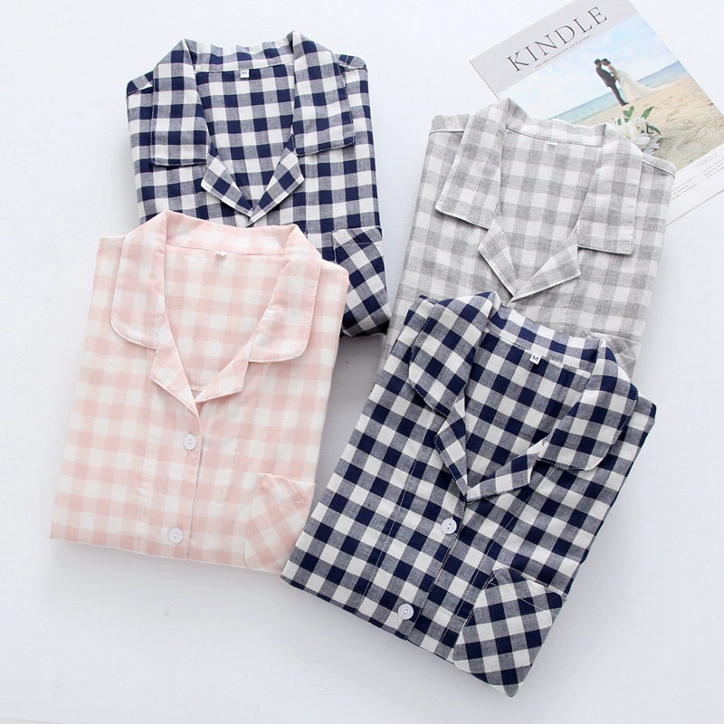 Nhật Bản mùa xuân và mùa hè tinh khiết cotton gạc đồ ngủ nữ mỏng dài tay cotton vài bộ đồ ở nhà phục vụ nam giới lỏng lẻo mùa hè - Cha mẹ và con