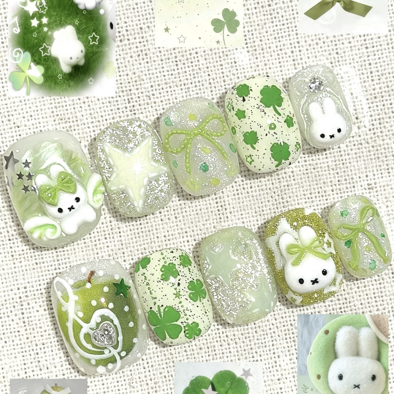 Lime Green Glitter Miffy Rabbit Press-On Nails Short Style Green Apple Lucky Clover Star Bow Summer Fresh Lime Green Glitter Miffy Rabbit Press-On Nails Short Style Green Apple Lucky Clover Star Bow Summer Fresh