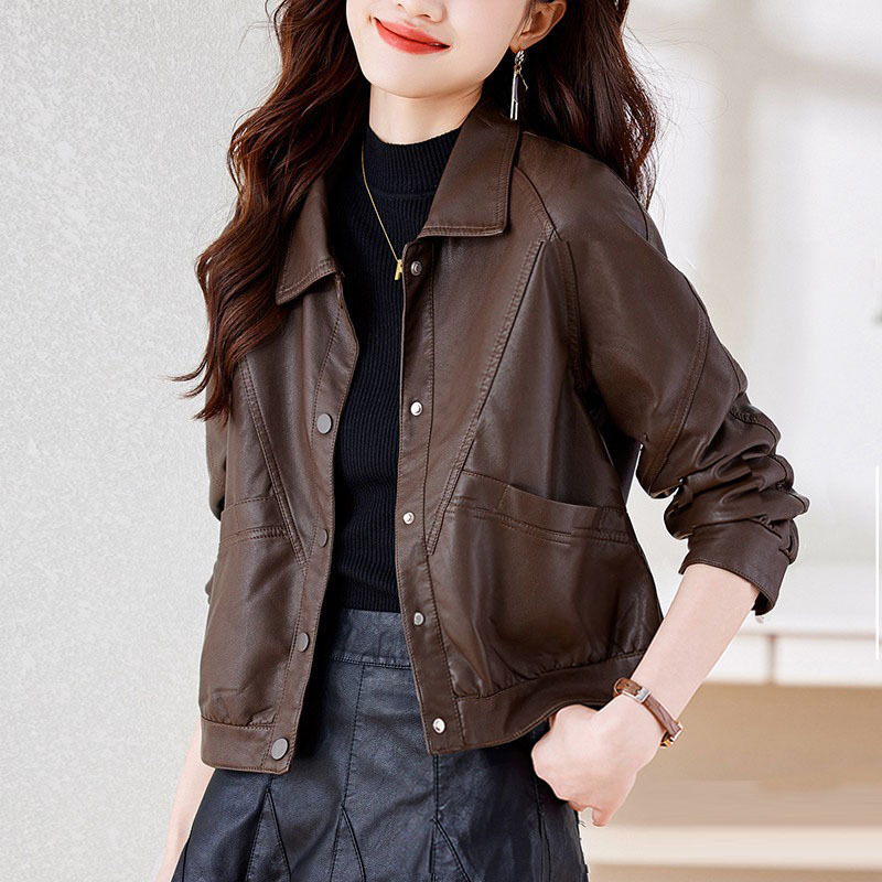 Leather Jacket for Women, Short Style, Spring, Autumn, Winter 2026 New Model, High-End, Biker Style, Petite, Haining Brown Leather Jacket