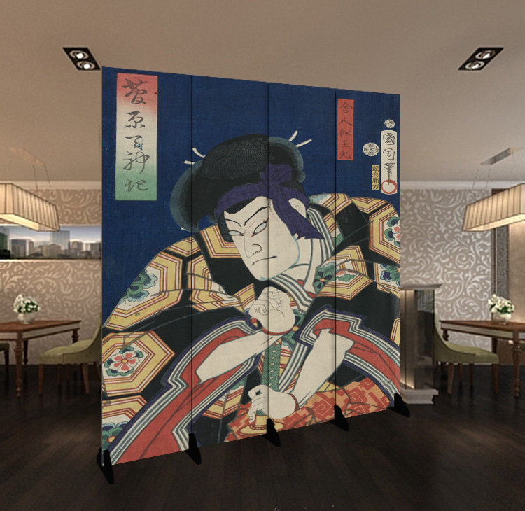 Custom Japanese cuisine partition Ukiyo-e double-sided mobile folding hand-painted Japanese samurai hand-painted art screen