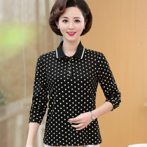 Middle-aged ladies fashion shirts cotton polka dot print t-shirt spring mother long-sleeved bottoming shirt loose lapel T-shirt