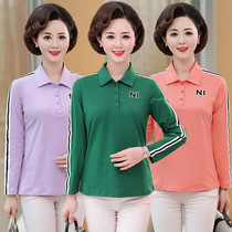 Middle-aged ladies color-blocking collared cotton t-shirt mother wear long-sleeved bottoming shirt commuter cotton t-shirt lapel top