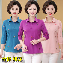 2022 mother spring and summer dress three-quarter sleeve cotton t-shirt female middle-aged solid color polo shirt sports cotton embroidered top