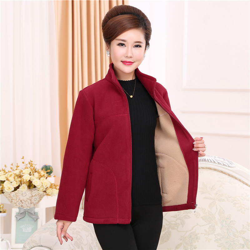 2018 phụ nữ trung niên mùa thu và mùa đông lông cừu lông cừu áo len mẹ áo sơ mi cộng với nhung đứng cổ áo ấm áo khoác tuổi trung niên