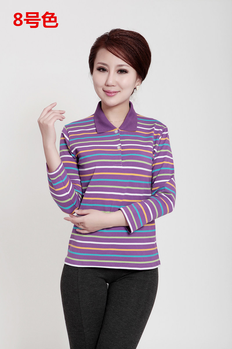Phụ nữ trung niên mặc áo cotton dài tay áo thun mẹ mặc áo dài mùa xuân và mùa thu cổ áo POLO cotton cổ áo áo thun nữ form rộng cao cấp