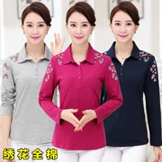 Áo trung niên và mùa thu cotton thêu ve áo dài tay áo thun mẹ sơ mi cotton đáy áo sơ mi nữ trung niên