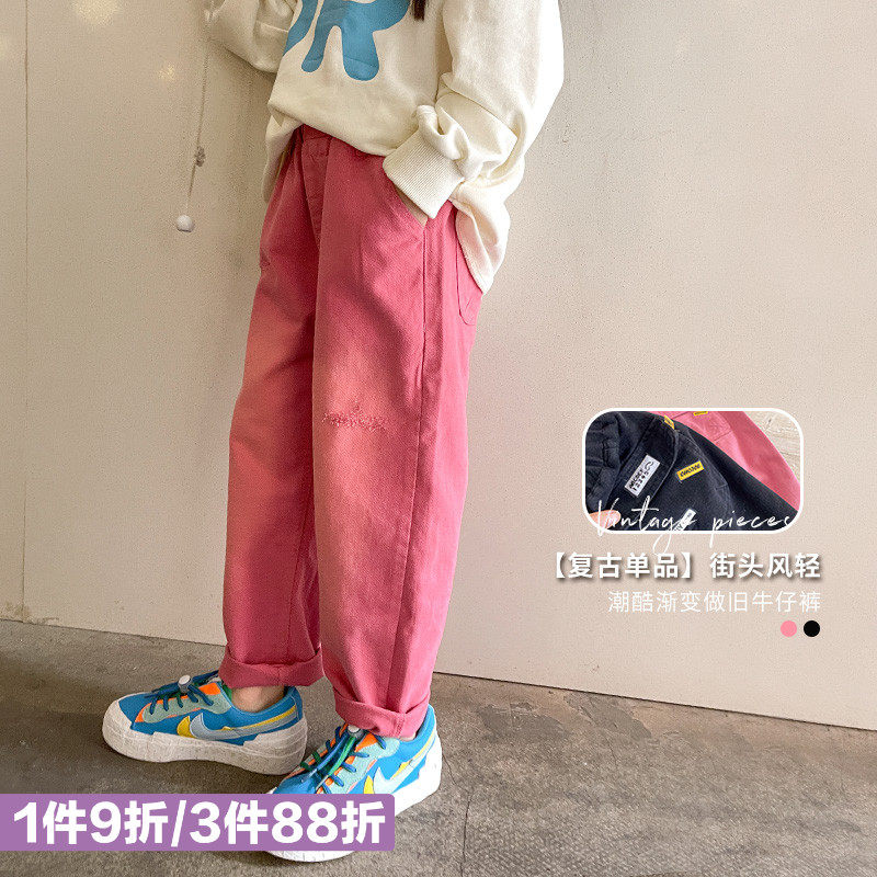 Girl Jeans Pure Cotton Spring Money 2022 New CUHK Scout 100 Lap Straight Drum Pants Tapering Children Casual Pants Summer