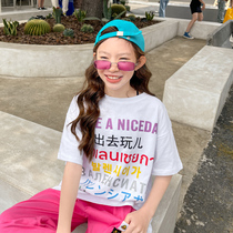 Girls short-sleeved T-shirt summer 2021 new middle and Big Boy foreign-style printed cotton Joker loose fashion coat tide