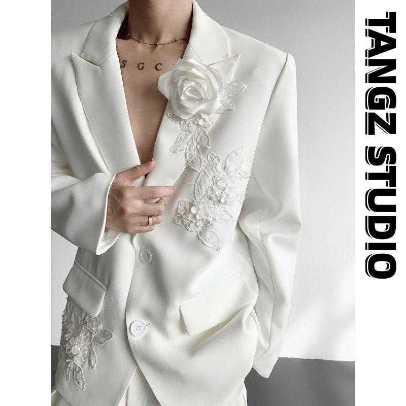 Tangz Studio Heavy-Duty Hydrangea Three-Dimensional Flower Shoulder Pad White Suit Men's Jacket High-End Elegant Formal Wear