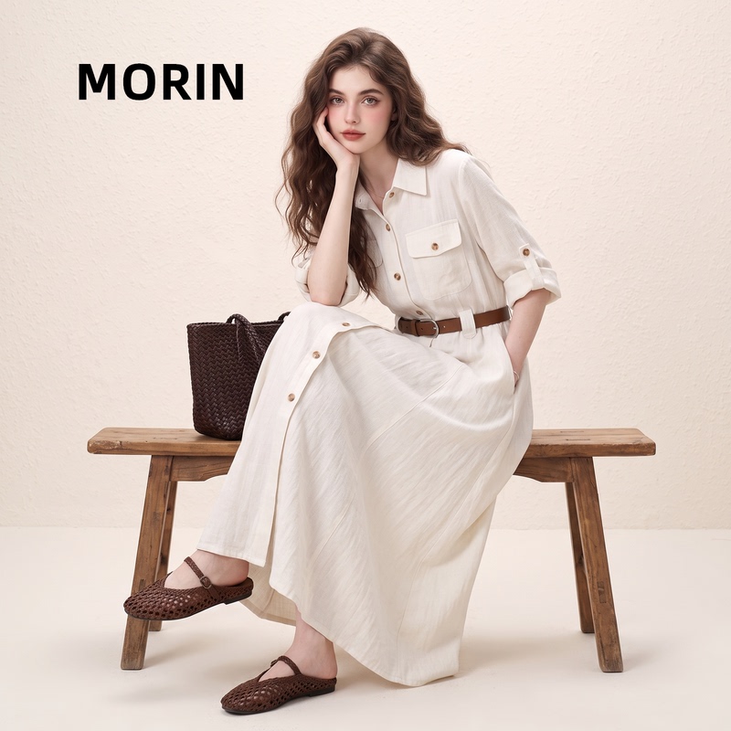 Morin Beige French Style Waist-Cinching Shirt Dress for Women, Summer 2026 New Trendy Slimming Workwear Style Long Dress