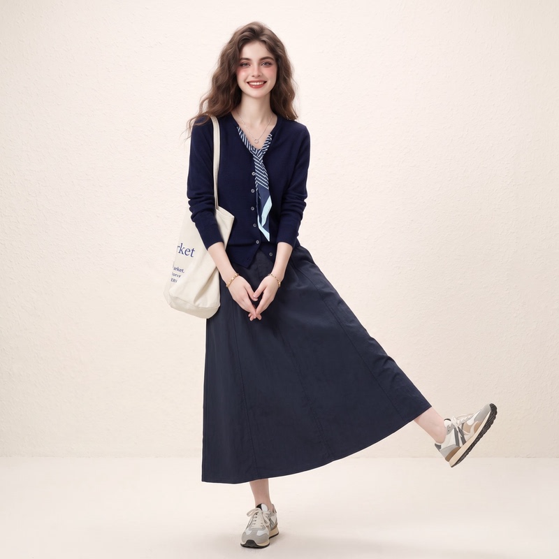 Morin Navy Blue Mature Style Scarf Knit Top and Skirt Set for Women, Autumn 2026 New Two-Piece Set Morin Navy Blue Mature Style Scarf Knit Top and Skirt Set for Women, Autumn 2026 New Two-Piece Set