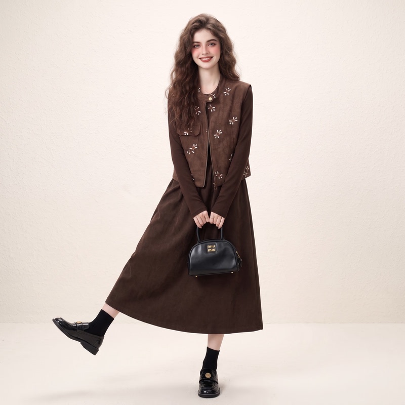 Morin Melard Patchwork Dress Embroidered Vest Suit for Women, Autumn 2026 New Vintage Two-Piece Set
