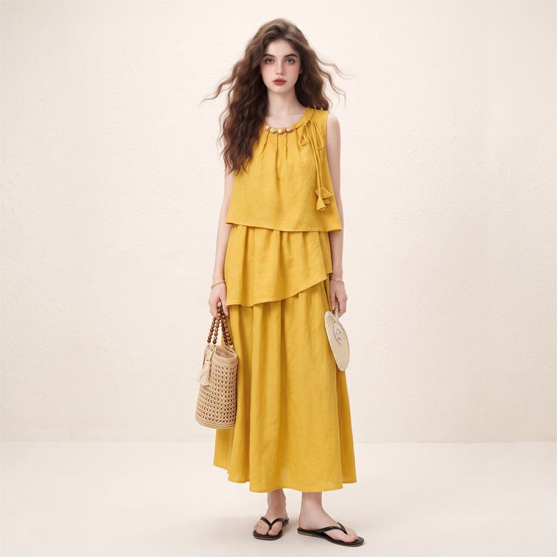 Morin Lemon Yellow Lace-Up Pleated Patchwork Dress for Women, Summer 2026 New Style, Stunning and Flattering Dopamine Long Dress