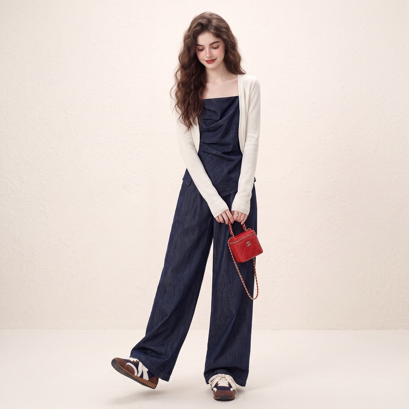 Morin French-Style Sun-Protective Cardigan, Waist-Cinching Denim Camisole, Casual Pants Set for Women, New Summer Three-Piece Set