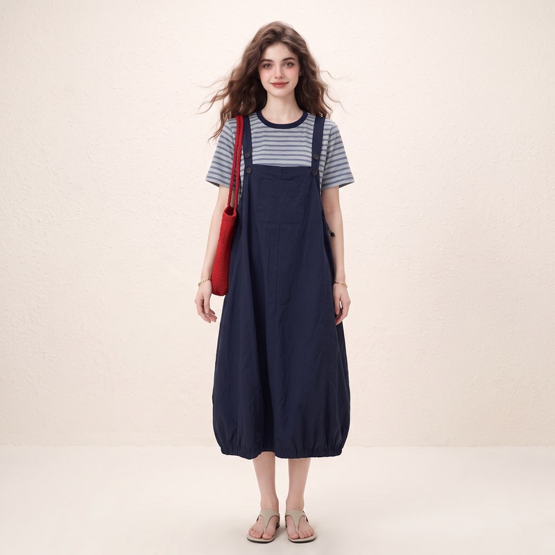Morin Navy Blue Floral Suspender Dress and Striped T-Shirt Set for Women, Summer 2026 New Two-Piece Outfit