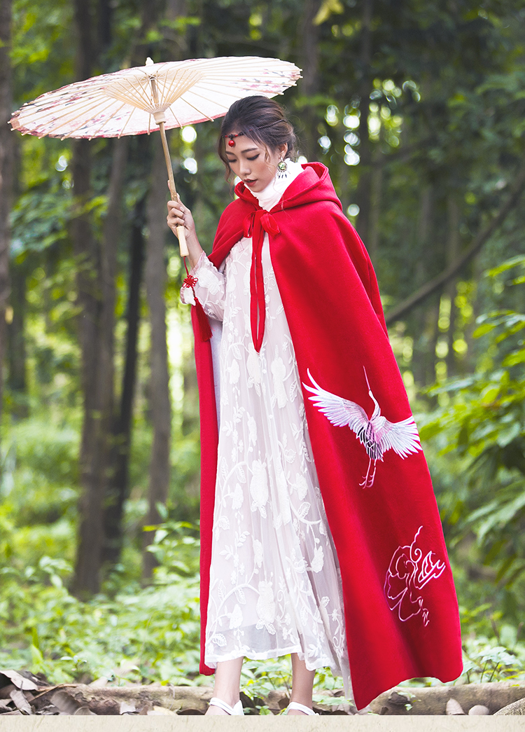 筱 辰 [bay chim] hanfu áo choàng mùa đông dài len thêu áo choàng trang phục gió quốc gia thêu ban đầu áo dạ nữ dáng ngắn