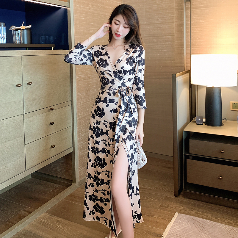 French Niche Vacation Dress for Women, Summer Over-The-Knee French Retro One-Piece Floral Wrap Dress, Beach Long Dress, Trendy French Niche Vacation Dress for Women, Summer Over-The-Knee French Retro One-Piece Floral Wrap Dress, Beach Long Dress, Trendy