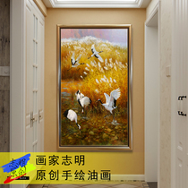 Crane flower lotus entrance original landscape vertical version hand-painted decorative oil painting Simple American European style light luxury customization