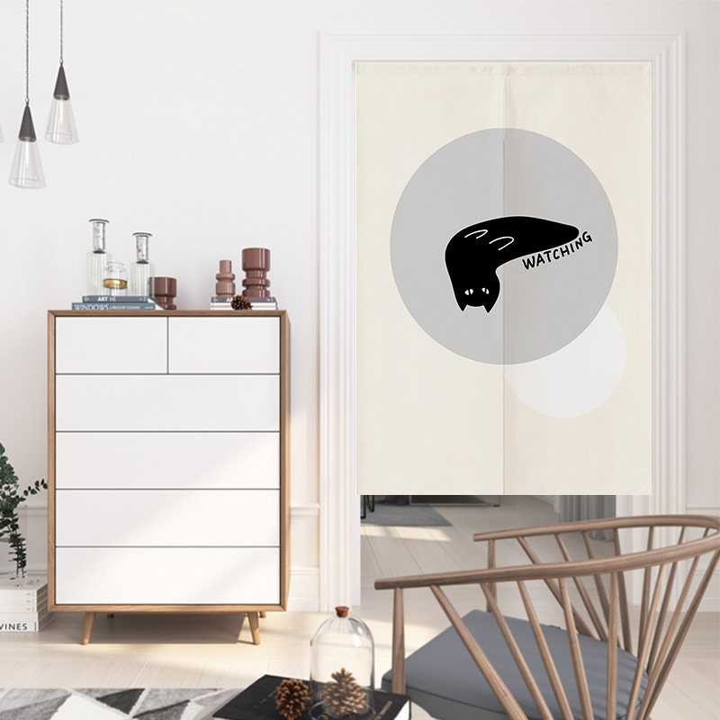 Abstract Kitty Creative Cloth Art Door Curtain Custom Cotton Linen Semi-Cord Fabric Curtain Bedroom Kitchen Curtain dressing room Clay curtain