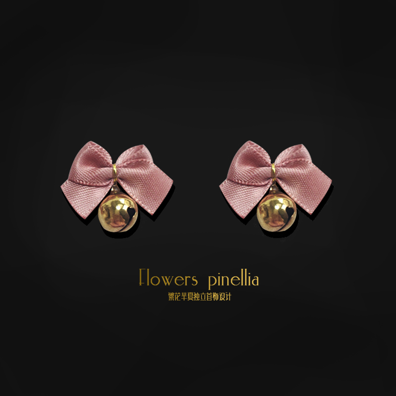 Bean paste powder light pink bow bell sterling silver earrings spring gift earrings ear clip cute girl