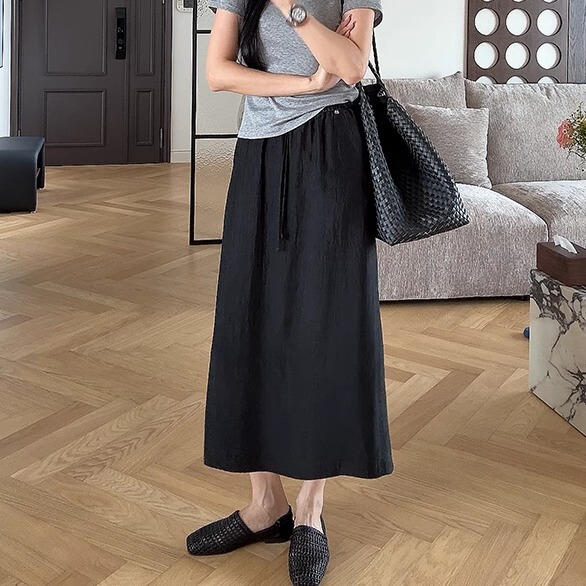 【Yibei Eby】Acetate Long Skirt Black Textured Satin Summer Women's Skirt New Style Skirt 251253 #