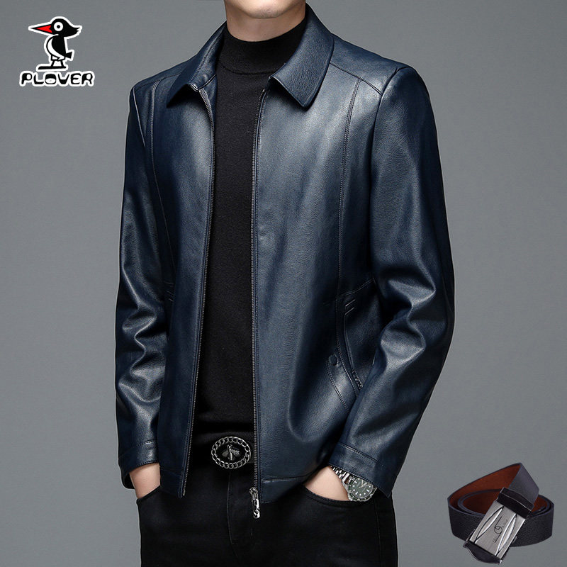 Pecking wood specie leather jacket middle-aged men's leather jacket short-turned-in-the-neck leather jacket knitwear jacket