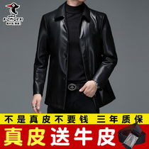 Woodpecker long mens windbreaker slim Haining leather jacket lapel business leather jacket middle-aged mens coat