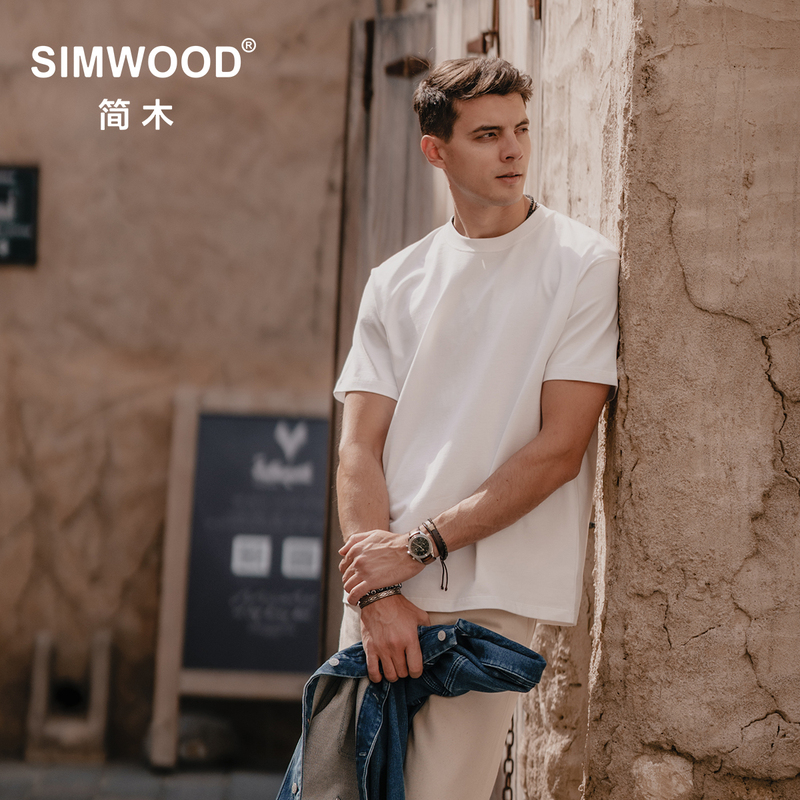 Simwood Men's Clothing [Loose Fit] 310g Basic Solid Color Heavyweight Base Layer Crew Neck Short Sleeve T-Shirt